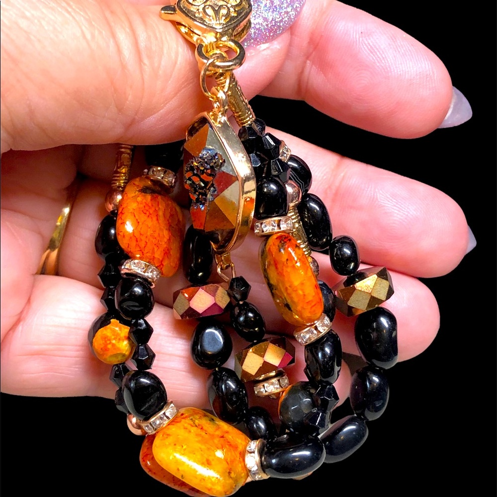 🧡🖤black and orange agate and rhodochrosite bracelet-artisan 7”